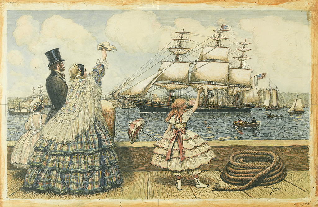 NORMAN MILLS PRICE. A couple and their two daughters wave good-bye to a sailing ship.